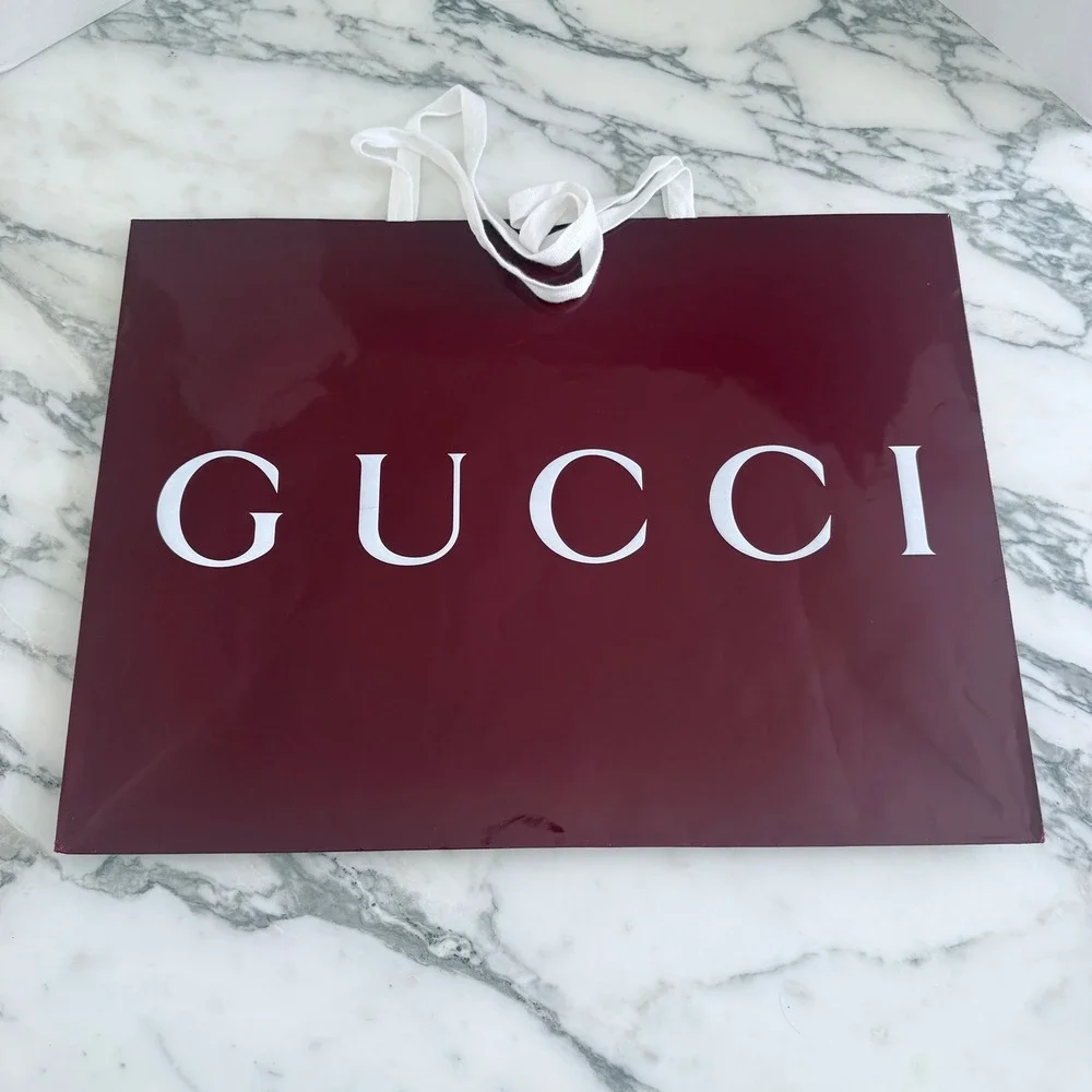 Gucci Large Glossy Burgundy Shopping Bag White Logo Rope Handles 23x17x7.5